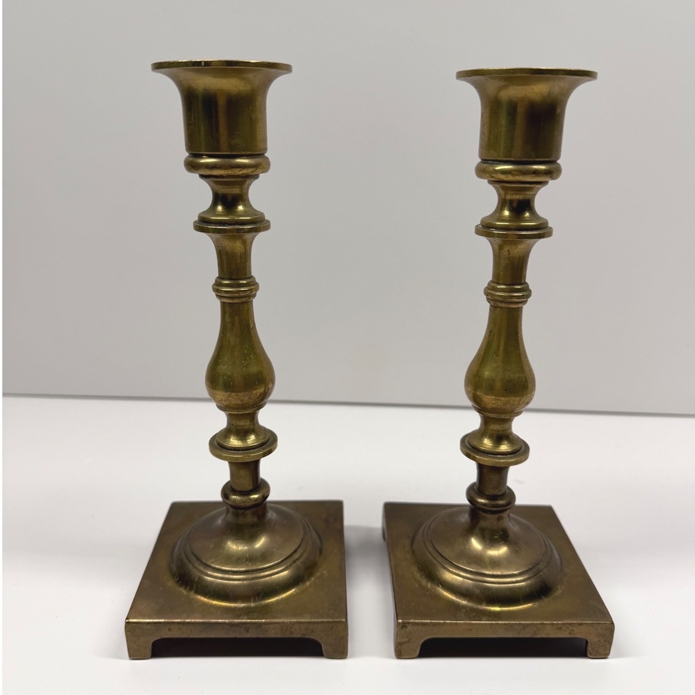 Vintage Solid Brass Candlestick Holders Pair Square Base Taper Candle Stands 8in